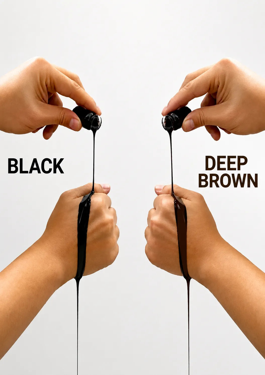 Two hands holding small round cosmetic pots above a white background, with black and deep brown pigments dripping down. Text labels read 'BLACK' and 'DEEP BROWN'.